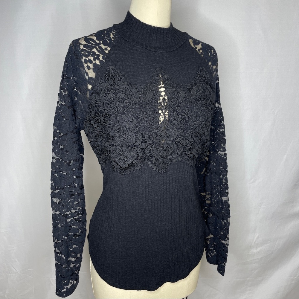 Black layered floral lace long sleeve fitted sweater top by Venus